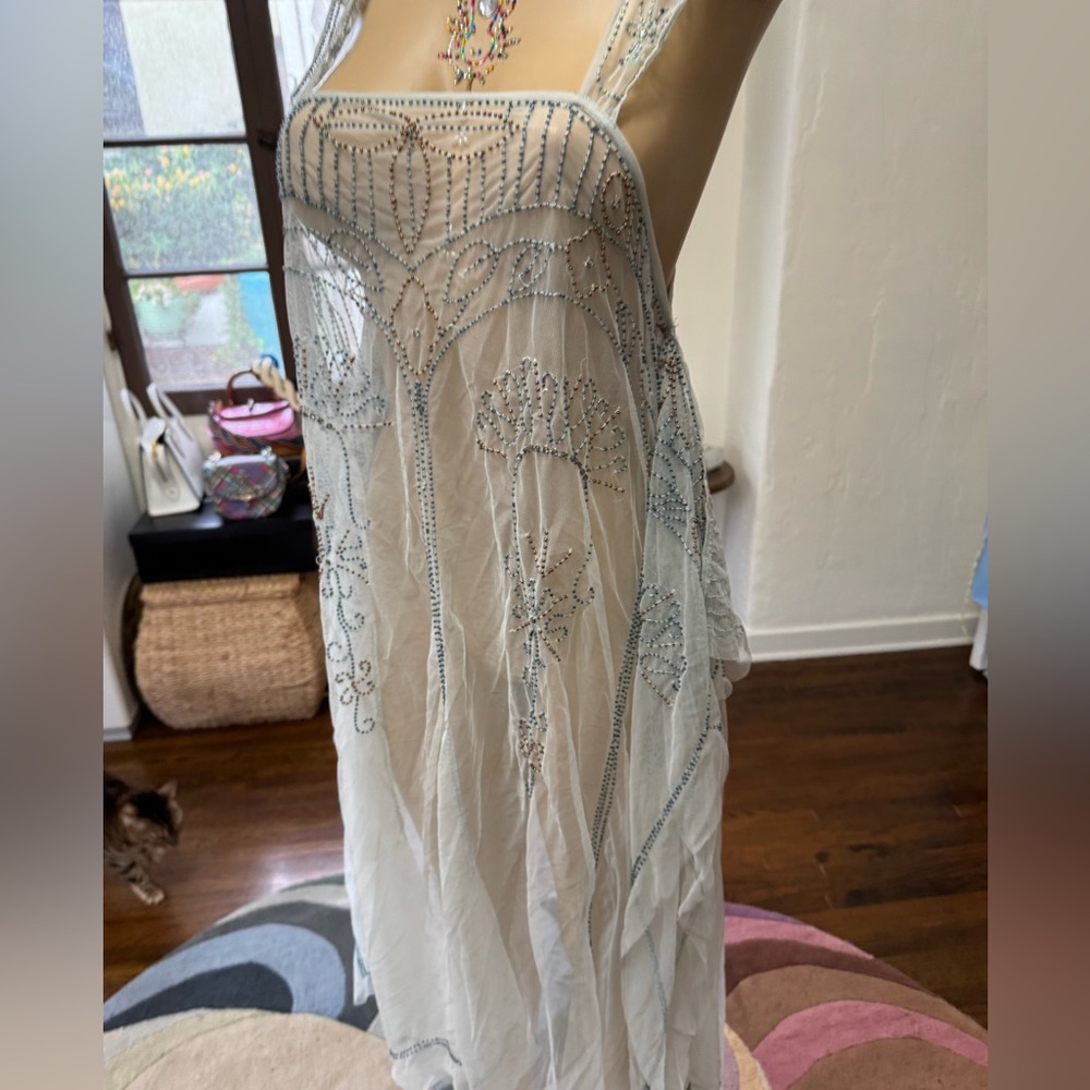 Free People Baby Blue Sheer Lace Dress w/ Intricate Beading size S - Picture 4 of 15